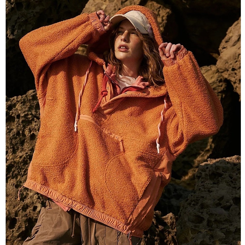 Free People FP Movement Orange Fuzzy Was She Fleece Pullover Oversize Size Small